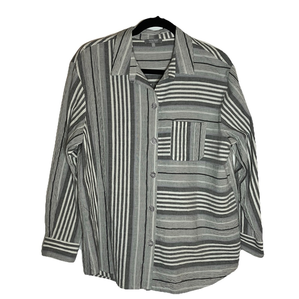 Habitat‎ Button Up Shirt Womens M Stripe Cotton Lagenlook Oversized Boho